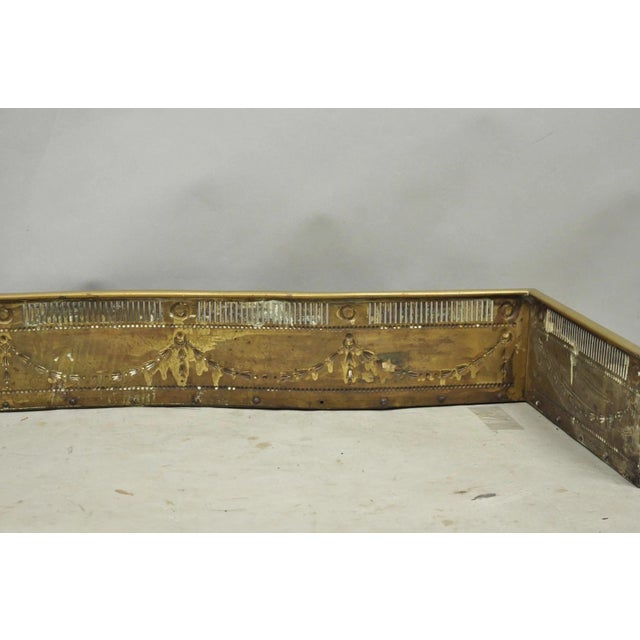 Antique English Victorian Serpentine Drape & Bellflower Brass Fireplace Fender For Sale - Image 13 of 14