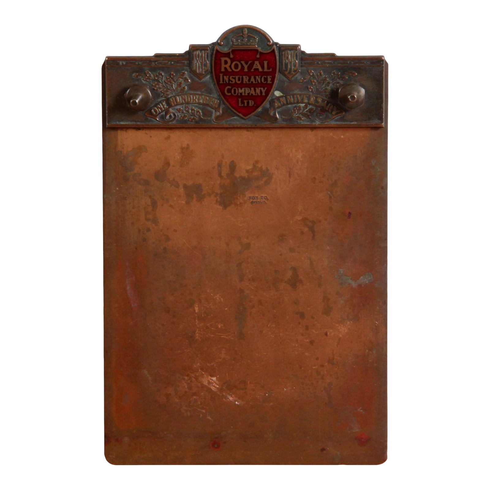 Vintage Royal Insurance Co. Enameled Brass & Copper Desk Paper Holder