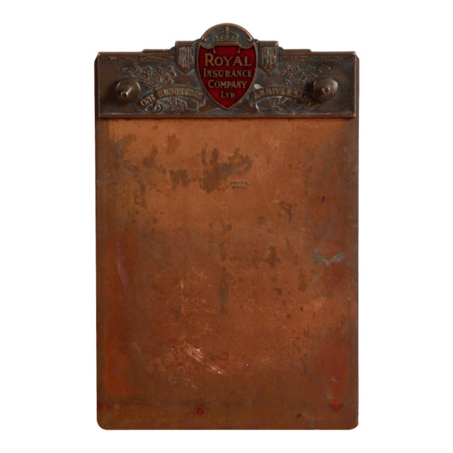 Vintage Royal Insurance Co. Enameled Brass & Copper Desk Paper Holder For Sale