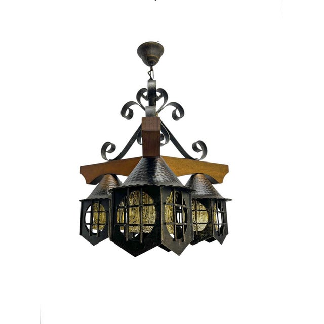 Wood Mid-Century Modern Wrougt Iron and Wood Pendant Lamp, 1970s For Sale - Image 7 of 12