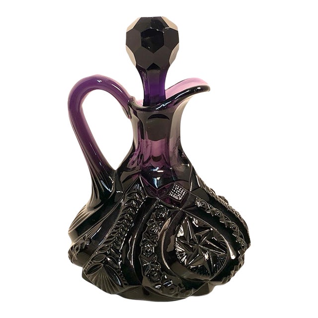 Early 20th Century Amethyst Glass Moon and Star Cruet With Stopper For Sale