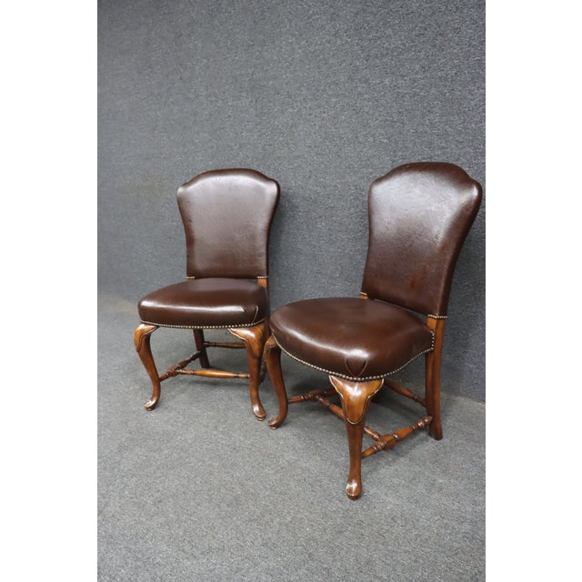 Queen Anne Pair of Theodore Alexander Leather Upholstered Cherry Side Chairs For Sale - Image 3 of 15
