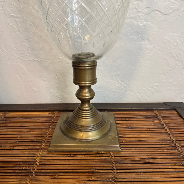 Transparent Vintage Brass and Etched Glass Hurricane Candle Holder For Sale - Image 8 of 12