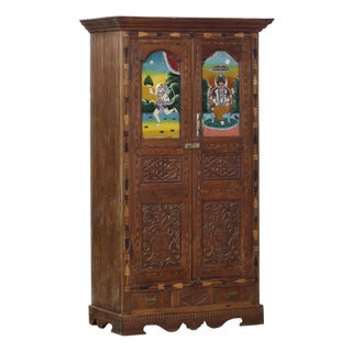 Antique Indian Carved Teakwood, Marquetry, and Painted on Glass Panels Armoire For Sale