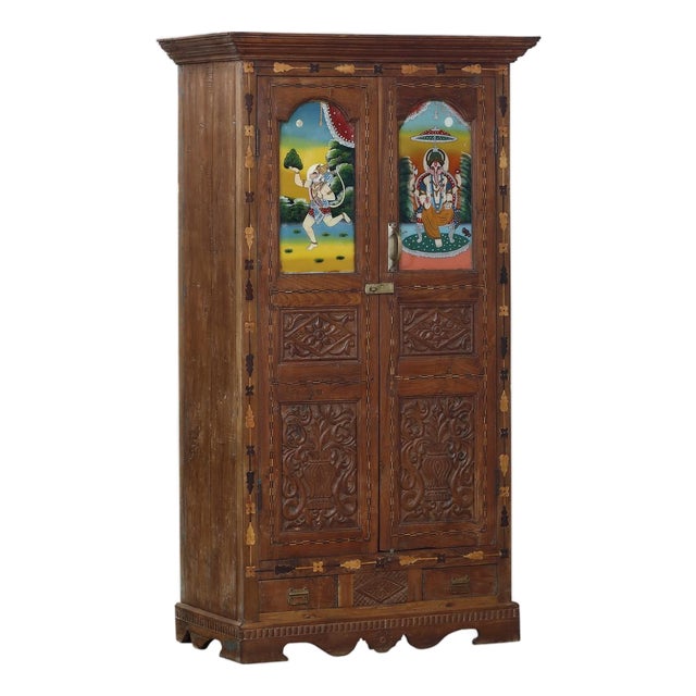Antique Indian Carved Teakwood, Marquetry, and Painted on Glass Panels Armoire For Sale