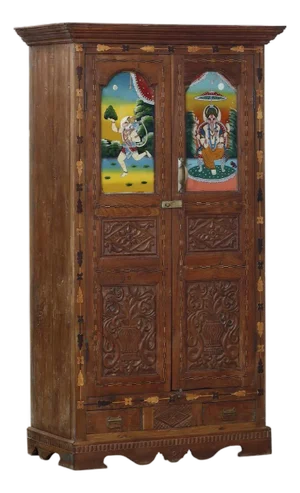 Antique Indian Carved Teakwood, Marquetry, and Painted on Glass Panels Armoire