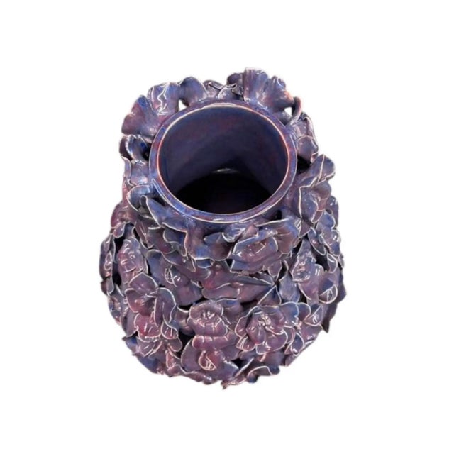 2000 - 2009 Vintage Italian Hand-Sculpted Floral Ceramic Vase - Purple Glazed Encrusted Blossom Urn For Sale - Image 5 of 12