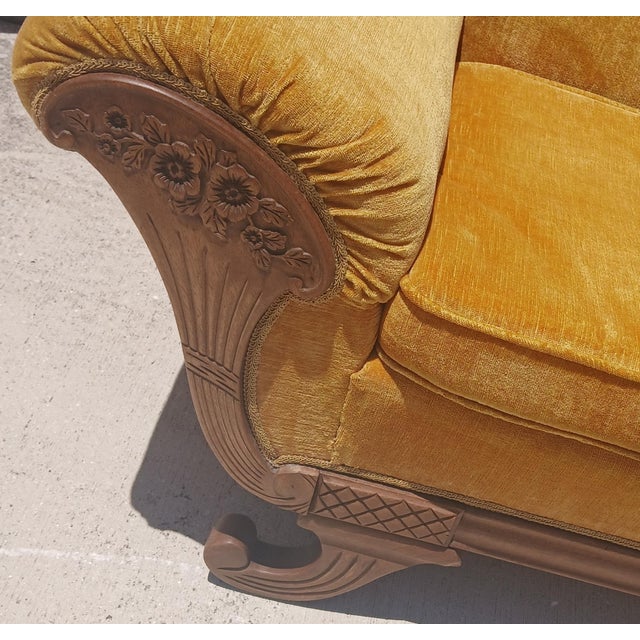 Wood Vintage Victorian Camelback Duncan Phyfe Style Gold Velvet Sofa For Sale - Image 7 of 13