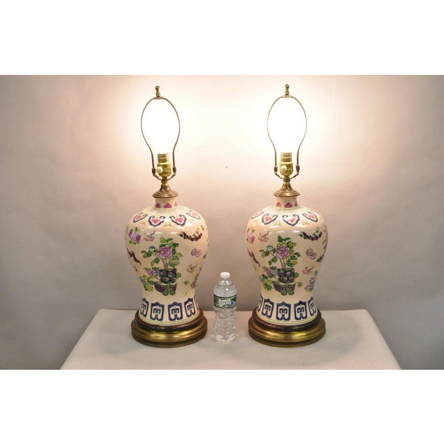 Vintage Chinoiserie Pink Porcelain Ginger Jar Jardinière Vase Table Lamp - a Pair. Circa Late 20th Century. Measurements:...