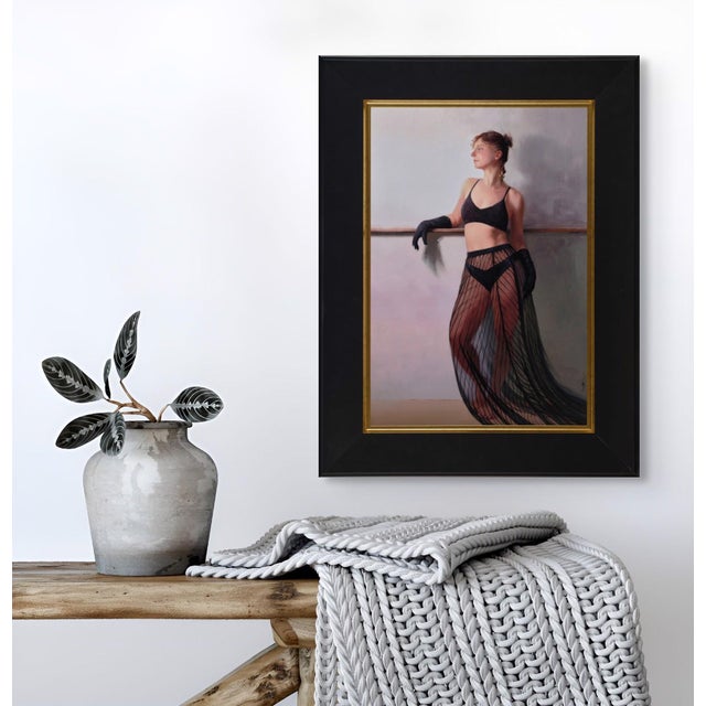 A Night to Remember by Kirsten Savage | Oil on panel Portrait of a woman in a black outfit. For Sale - Image 4 of 5