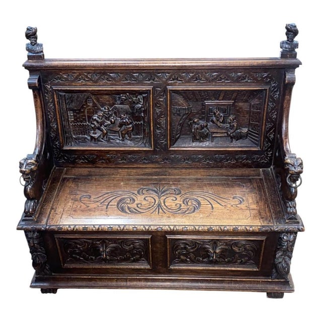 French Renaissance Revival Carved Oak Hall Monks Bench with Lion Masks, 1860s For Sale - Image 15 of 15