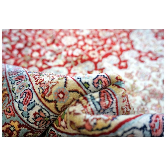 Vintage Kashmiri Tabriz Silk 9x12 Red, Ivory & Light Blue Handmade Area Rug #1144057 For Sale - Image 14 of 15
