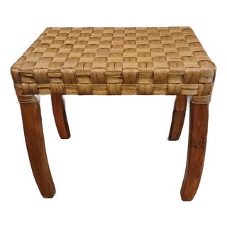 1990s Boho Basket Weave Rattan Footstool Ottoman For Sale