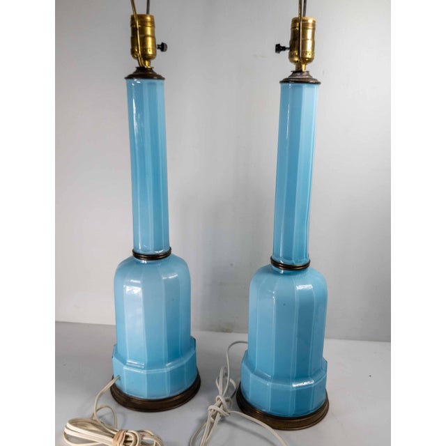 Early 20th Century Pair of French Baby Sky Blue Opaline Glass Table Lamps For Sale In New York - Image 6 of 14