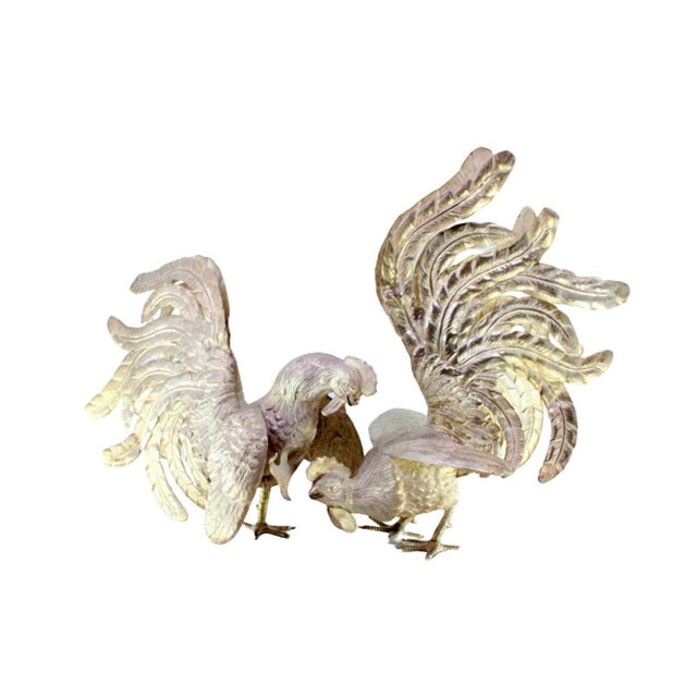 Metal Fighting Cocks in Silver with Reliefs and Applications, Set of 2 For Sale - Image 7 of 7