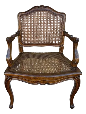 Antique Louis XV Style Walnut Cane Seat and Back Armchair With Cushion