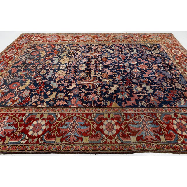 19th Century Antique Heriz Style Wool Rug With Deep Indigo All-Over Floral For Sale - Image 9 of 11