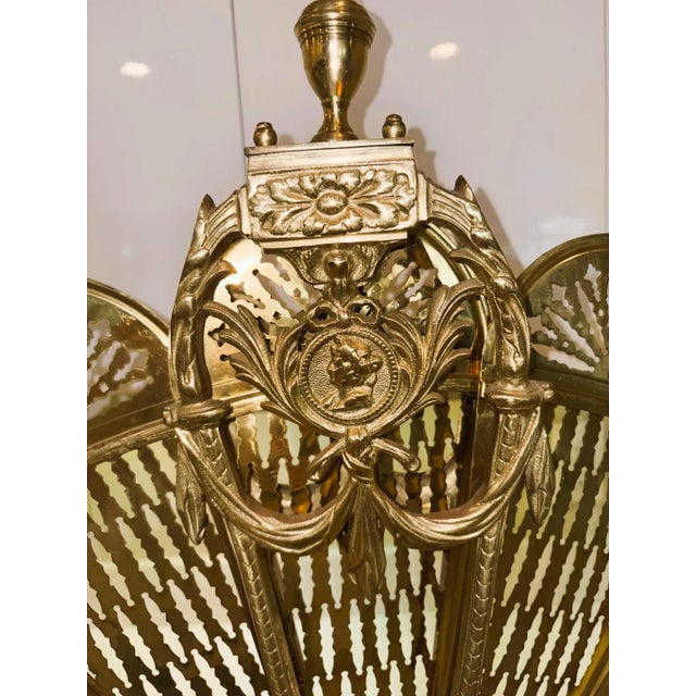 Vintage French Laurel Swag & Cameo Brass Peacock Fan Folding Fireplace Screen For Sale - Image 12 of 17