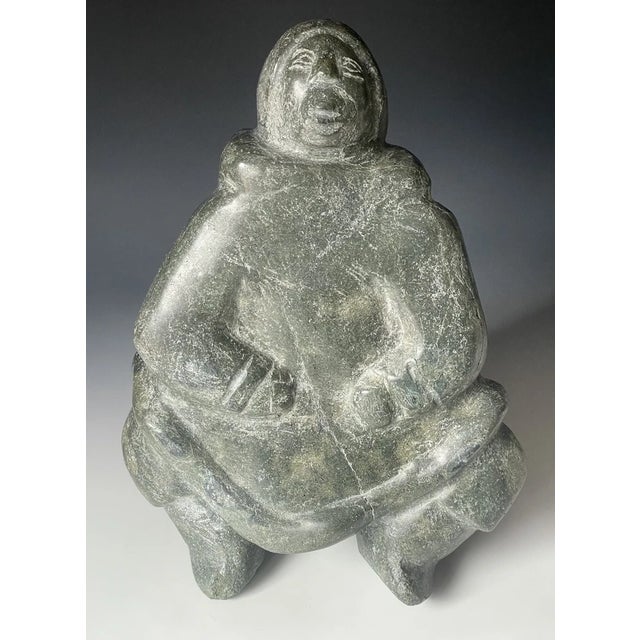 Mid 20th Century +25 LBS Huge Native Inuit Hand Carved Stone Sitting Human Art Sculpture For Sale - Image 10 of 11