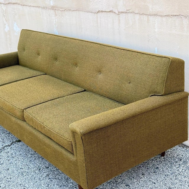 Vintage Mid Century Modern Greenish Brown Tufted 82" Sofa Couch W/ Walnut Legs For Sale - Image 11 of 18