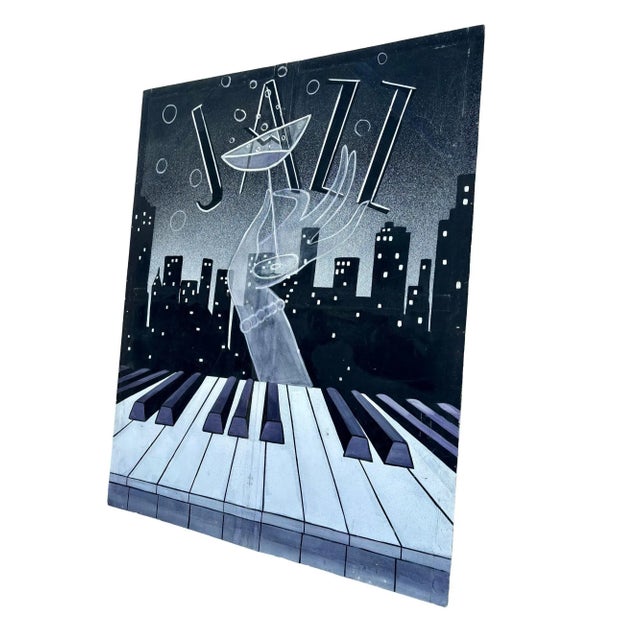 Art Deco 1980s Hand Painted Jazz Cityscape Oil on Canvas Screen For Sale - Image 3 of 4