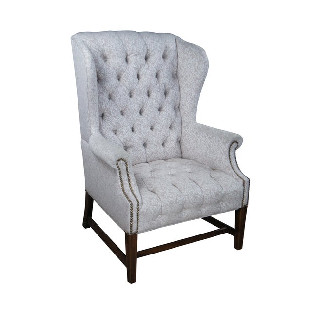 Chippendale Late 20th Century Vintage Chippendale Style Mahogany Tufted Library Wingback Reading Chair For Sale - Image 3 of 12