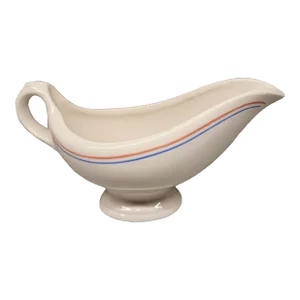 Buffalo China 1950s Restaurant Ware 8-Oz Gravy Boat With Coral & Blue Stripes