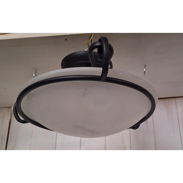 Vintage Ceiling Lamp with White Marbled Glass Shade in a Black Metal Mount by Honsel, 2000s For Sale - Image 6 of 8