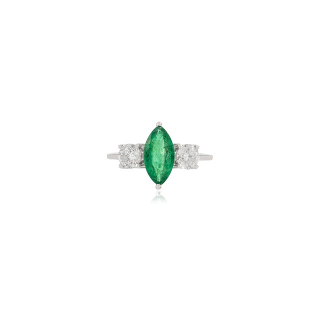 Modern Natural Marquise Emerald & Diamond Three-Stone Engagement Ring Size 6.5 in 18k Gold For Sale - Image 3 of 14