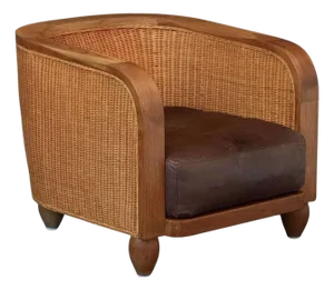 Caned Club Chair or Armchair of Teak With Brown Leather Seat