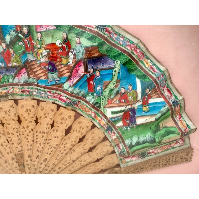 19th Century Chinese Export Fan With Finely Pierced Boxwood Sticks and Hand-Painted Scene, Framed For Sale In Washington DC - Image 6 of 9
