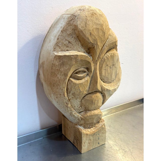 1970s-80s carved wood abstract tribal-style head chainsaw art sculpture. Excellent condition.