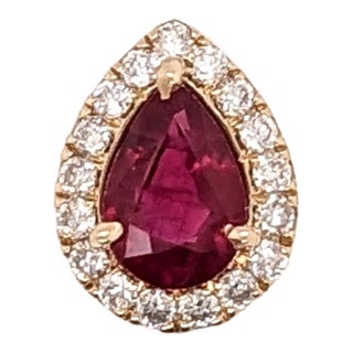 Ruby Pendant W Earth Mined Diamonds in Solid 14k Yellow Gold Pear 7x5mm For Sale