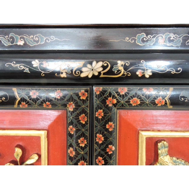 Wood Fine Chinese Black, Red and Gold Hand Carved Cherry Blossom Multi Panel Wood Cabinet or Cupboard For Sale - Image 7 of 12