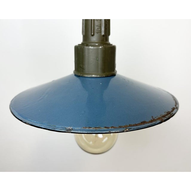 Industrial Blue Enamel Factory Pendant Lamp with Cast Aluminium Top, 1960s For Sale - Image 4 of 16