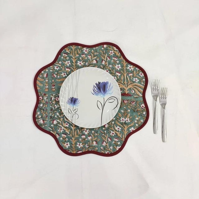 Indian Handmade Round Scalloped Christmas Placemats, Sage Green with Burgundy Trim - Set of 4 For Sale - Image 3 of 4