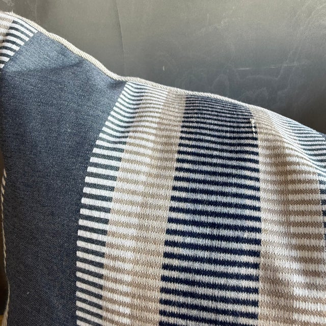 Mid-Century Modern Designer Lumber Pillow in Blue Tan & White Stripe Includes Down Feather Insert For Sale - Image 3 of 6
