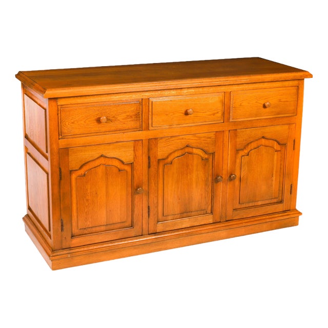 Vintage Oak Panelled Three Door Sideboard For Sale