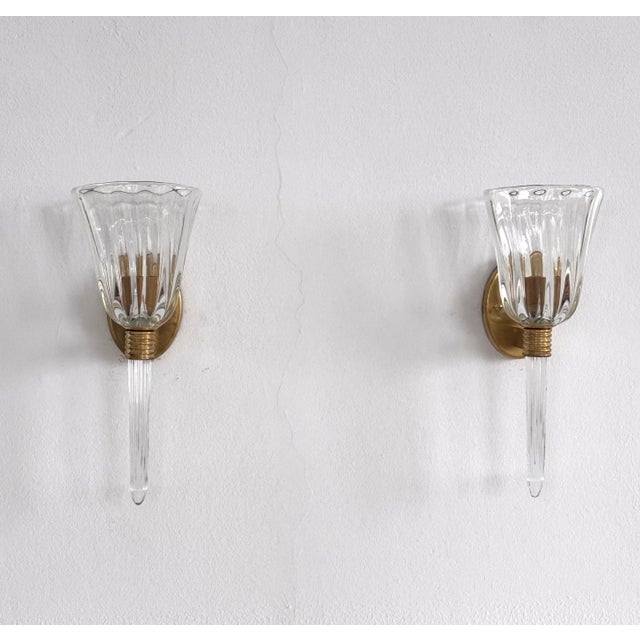 Italian Murano Crystal Glass and Brass Wall Sconces, 1990s, Set of 2 For Sale - Image 3 of 18