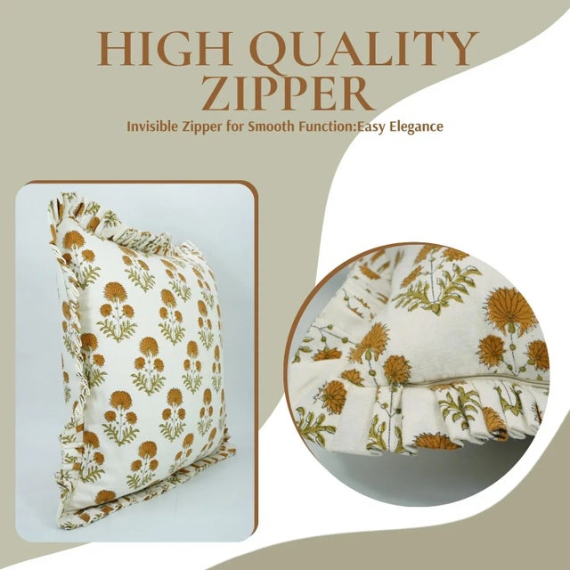 Art Deco Fabdivine Ethnic Block Print Frill Cushion Cover 18x18 Inch Thick Cotton White- Rishi For Sale - Image 3 of 5