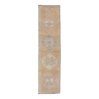 Tribal Medallion Vintage Turkish Oushak Runner in Orange, Blue and Cream For Sale