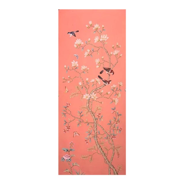 Chinoiserie Wallpaper Panel – Hand Painted Floral Bird Wall Mural, Luxury Wall Decor For Sale