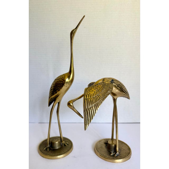 Mid-Century Chinoiserie Brass Crane Figurines on Round Bases - Pair For Sale - Image 10 of 11