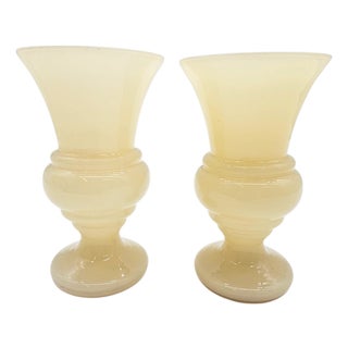 Portieux Style French Yellow Opaline Glass Urns – Vintage 11" Vase Pair For Sale
