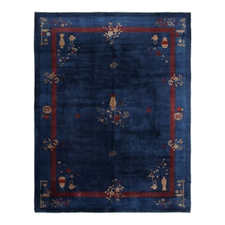 Antique Chinese Art Deco Rug in Blue and Red With Floral Patterns - Rug & Kilim For Sale