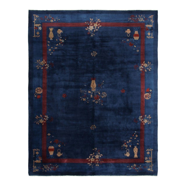 Antique Chinese Art Deco Rug in Blue and Red With Floral Patterns - Rug & Kilim For Sale