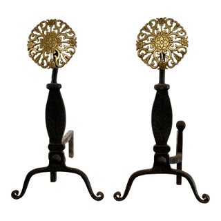 Brass & Iron Floral Rosette Andirons – Vintage Virginia Metalcrafters For Sale