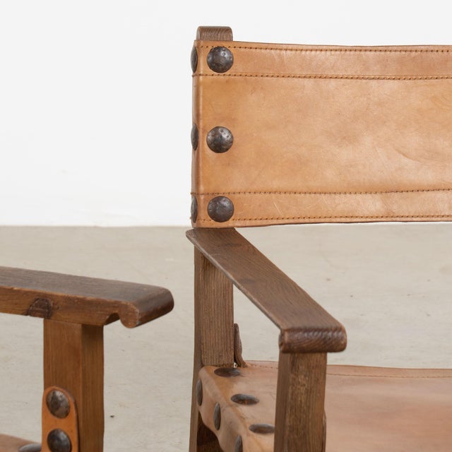 Mid 20th Century Pair of Mid-Century Spanish Brutalist Cognac Leather Arm Chairs For Sale - Image 5 of 17