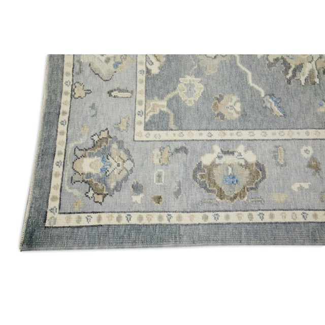 Modern Early 21st Century Blue Floral Design Handwoven Wool Turkish Oushak Rug 5'2" X 6'7" For Sale - Image 3 of 7