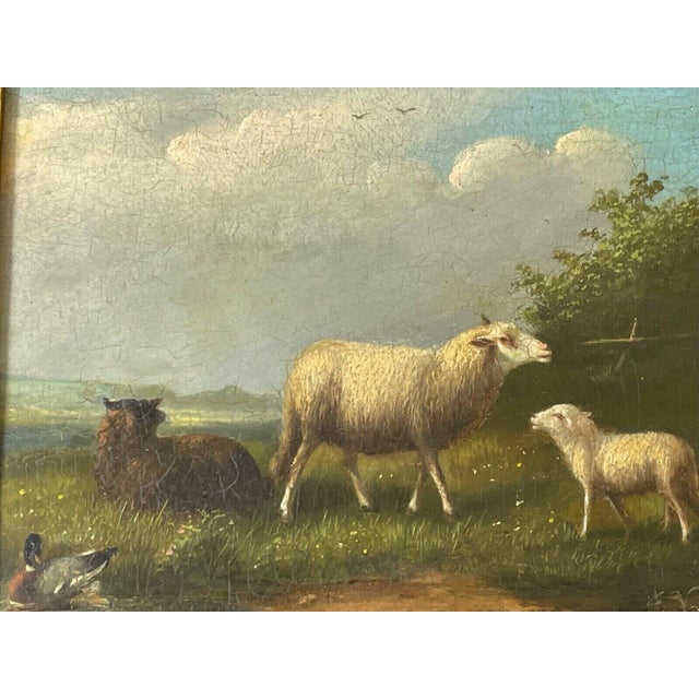 Antique Belgian Sheep Paintings Pair, Franz Van Severdonck Oil on Panel Pastoral Farm Scenes For Sale - Image 10 of 18